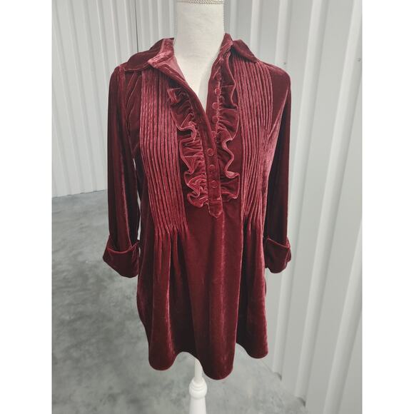 Soft Surroundings Tunic Velvet Feel Velour Ruffled XS Burgundy - Picture 2 of 4